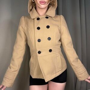 Vintage Tulle Women's Camel Double-Breasted Pea Coat